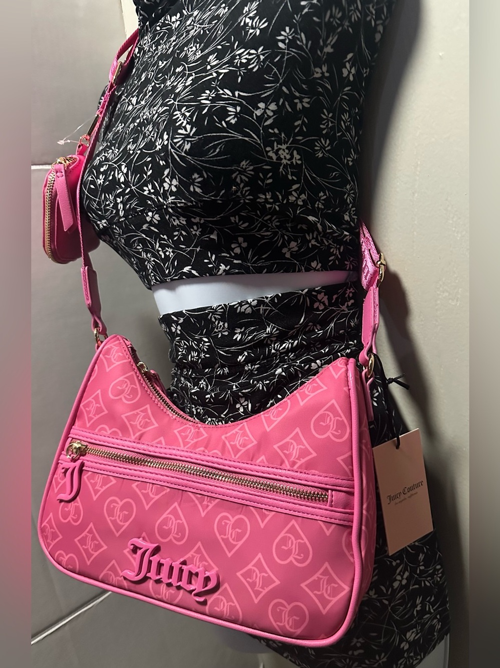 💕 NWT/ Juicy Couture Hot Pink Monogram Crossbody Bag with Coin Pouch 💕